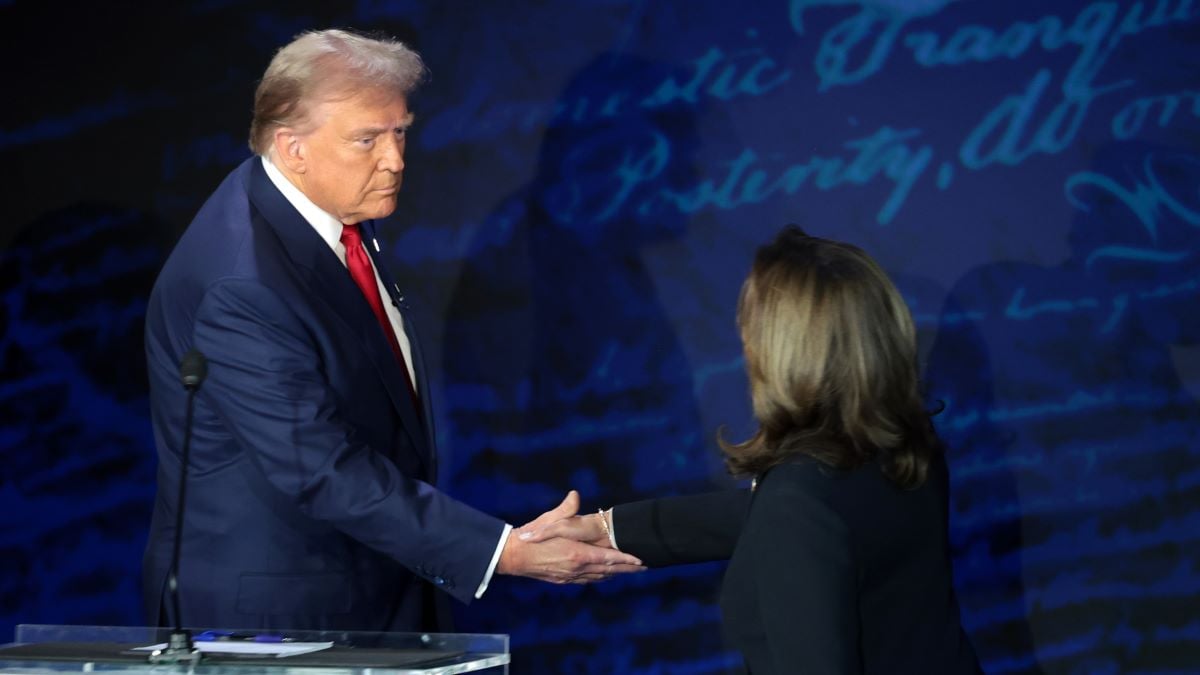 Republican presidential nominee, former U.S. President Donald Trump and Democratic presidential nominee, U.S. Vice President Kamala Harris greet as they debate for the first time during the presidential election campaign at The National Constitution Center on September 10, 2024 in Philadelphia, Pennsylvania. After earning the Democratic Party nomination following President Joe Biden's decision to leave the race, Harris faced off with Trump in what may be the only debate of the 2024 race for the White House. (Photo by Win McNamee/Getty Images)