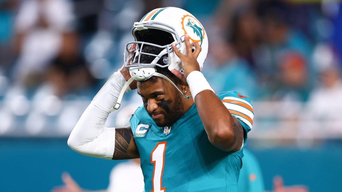 Tua Tagovailoa #1 of the Miami Dolphins looks on prior to playing a game against the Buffalo Bills at Hard Rock Stadium on September 12, 2024 in Miami Gardens, Florida. (Photo by Megan Briggs/Getty Images)