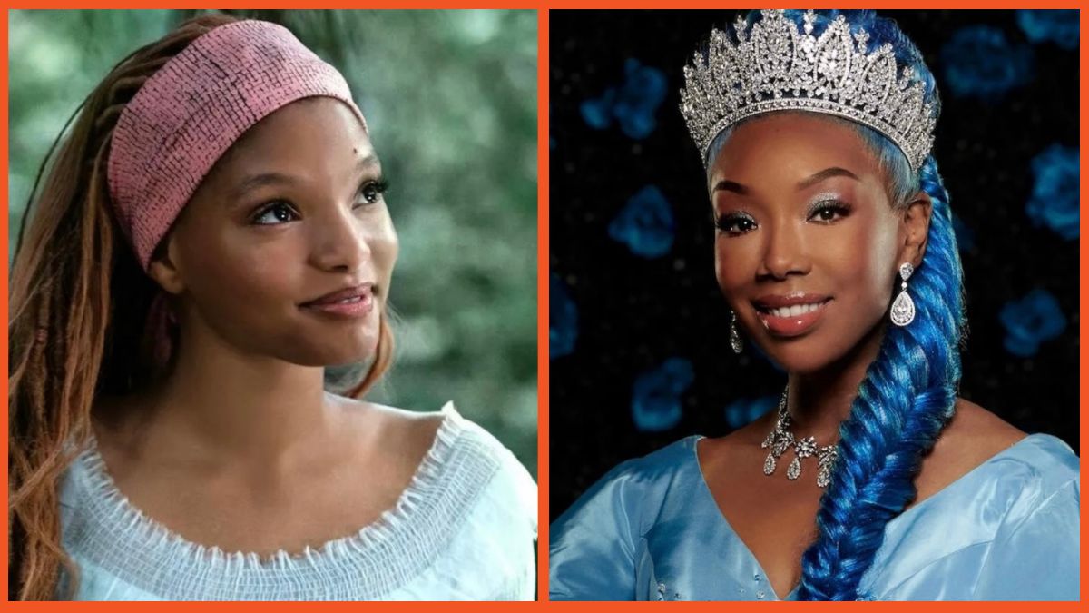 A split image of Halle Bailey as Ariel, and Brandy Norwood as Cinderella