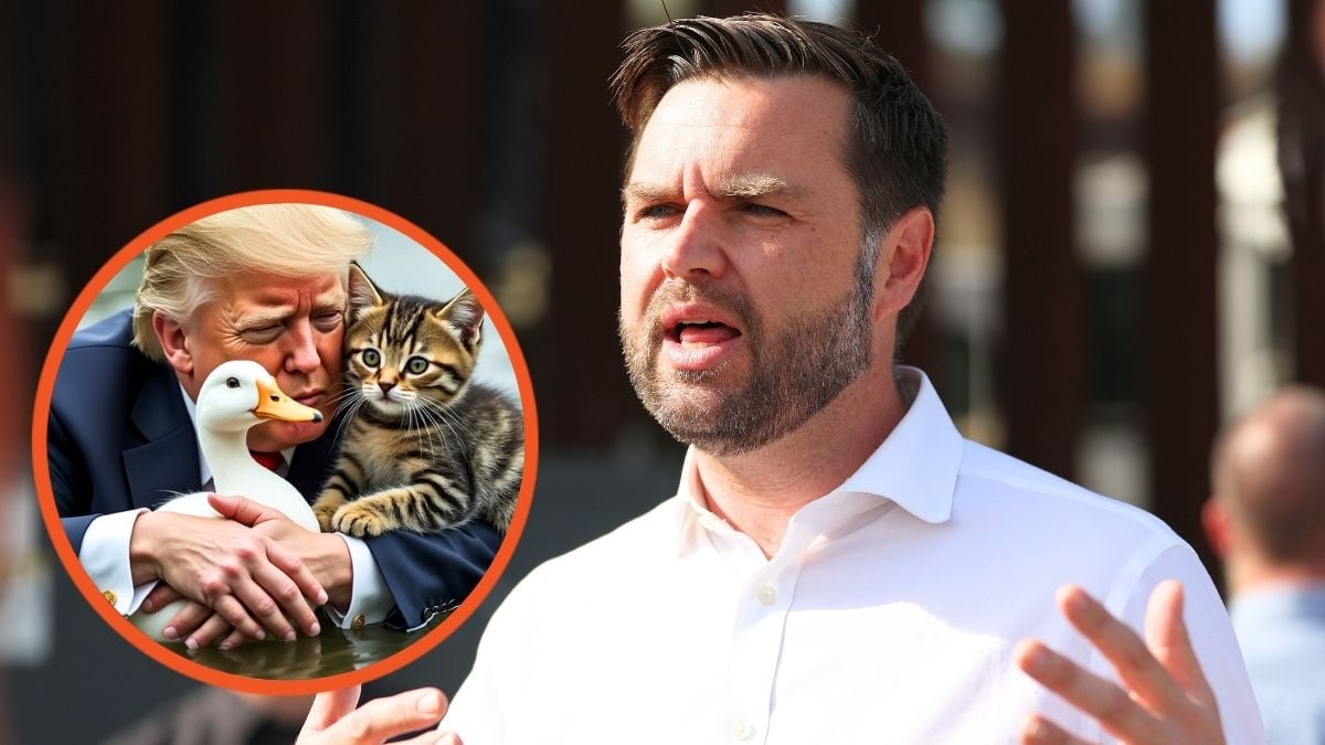 J.D. Vance (R-OH) speaks to reporters in front of the border wall with Mexico and AI-generated image of Donald Trump holding kitten and duck