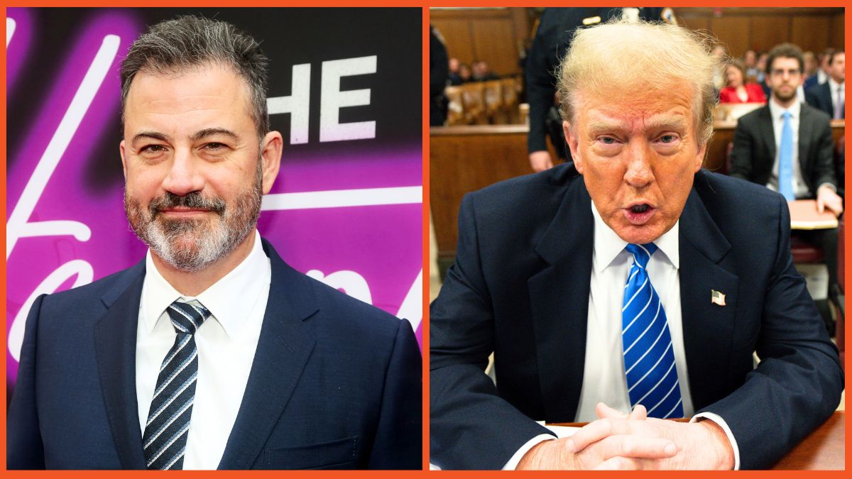 Jimmy Kimmel poses at the opening night celebration for the Huey Lewis & The News and Donald Trump attend his trial for allegedly covering up hush money payments at Manhattan Criminal Court