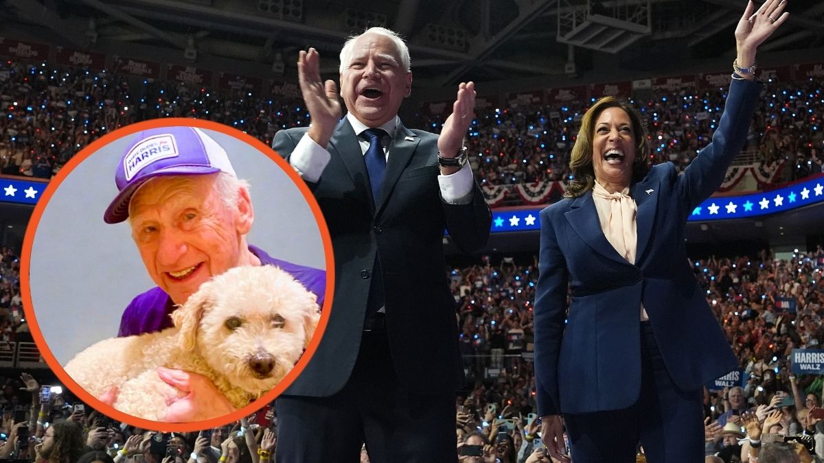 Kamala Harris and Democratic vice presidential candidate Minnesota Gov. Tim Walz appear on stage together during a campaign event at the Liacouras Center and actor Mel Brooks holds his dog