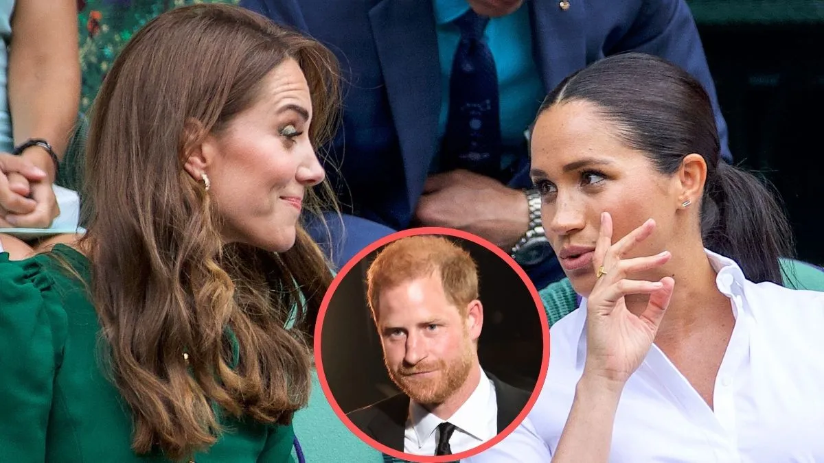 Catherine, Duchess of Cambridge talks with Meghan, Duchess of Sussex in the Royal Box on Centre Court ahead of the Ladies Singles Final between Simona Halep of Romania and Serena Williams of the United States on Centre Court during the Wimbledon Lawn Tennis Championships at the All England Lawn Tennis and Croquet Club at Wimbledon on July 13, 2019 in London, England/ Prince Harry, Duke of Sussex (R) walks onstage during the 2024 ESPY Awards at Dolby Theatre on July 11, 2024 in Hollywood, California.