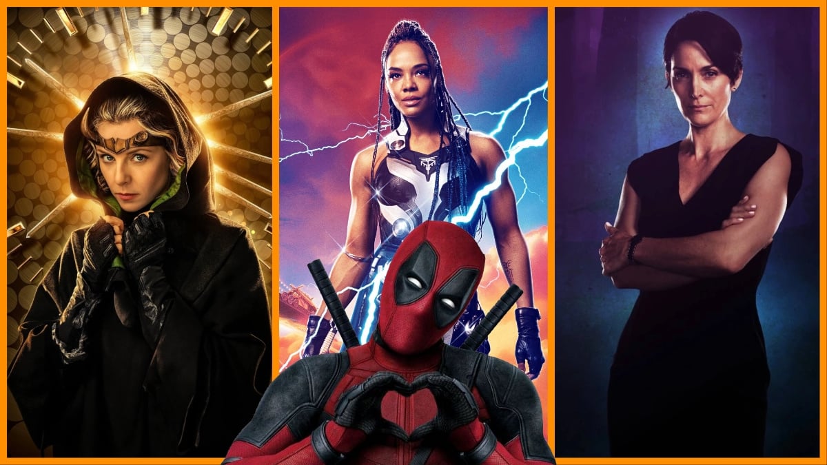 Sophia Di Martino as Sylvie, Tessa Thompson as Valkyrie, Carrie-Anne Moss as Jeri Hogarth, and Ryan Reynolds as Deadpool in a collage about Marvel Studios' LGBTQ+ characters.