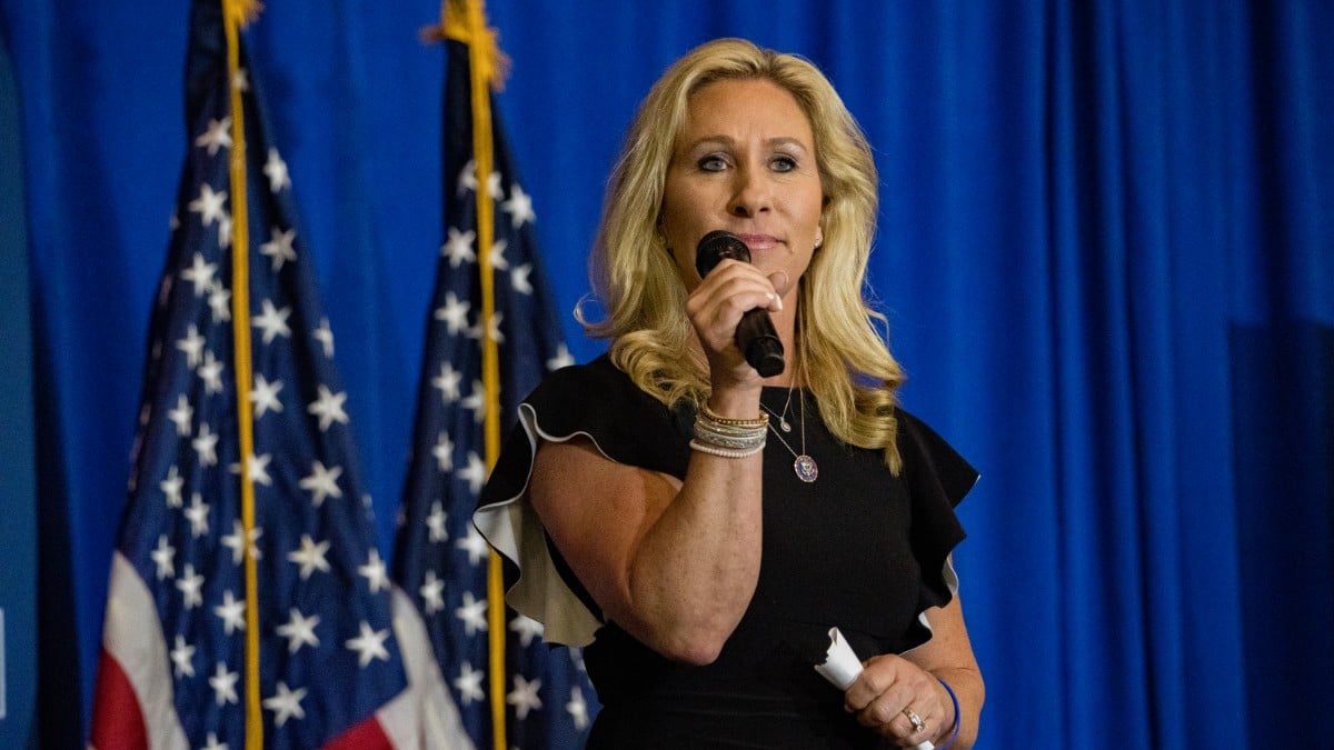 Marjorie Taylor Greene (R-GA) speaks at an America First Rally