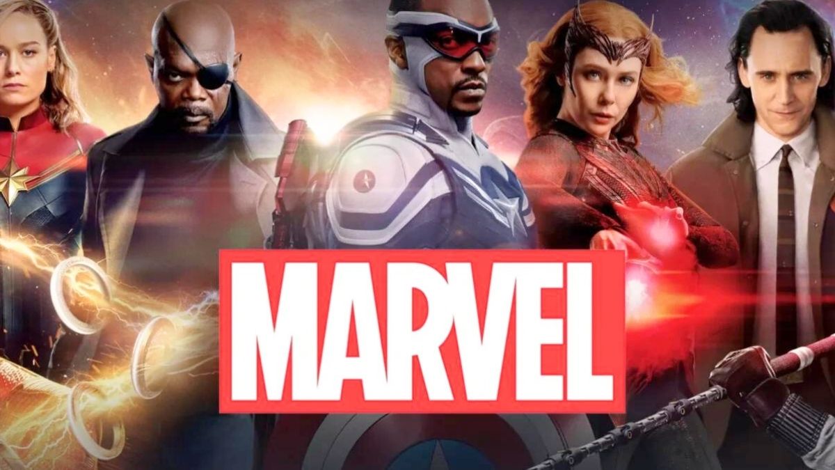 Captain Marvel, Nick Fury, Sam Wilson, Scarlet Witch and Loki on the cropped Marvel Disney Plus banner