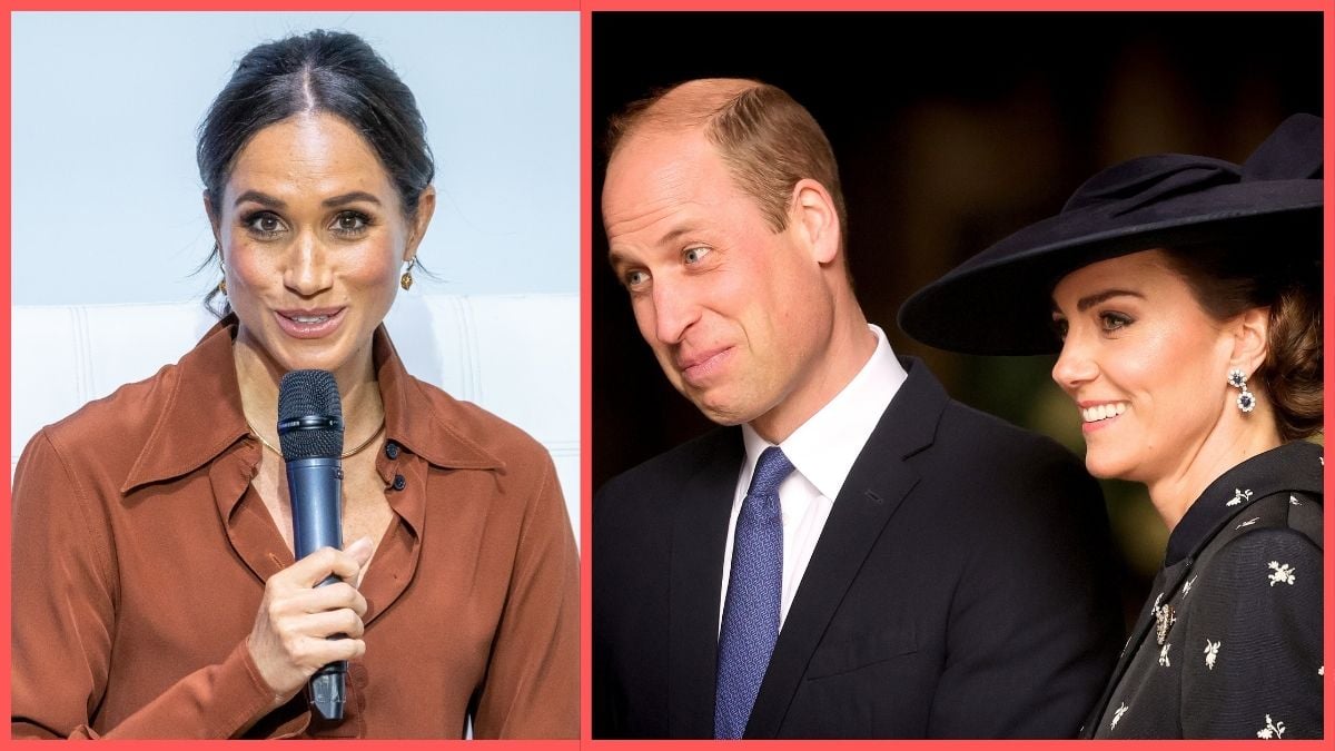 Meghan, Duchess of Sussex, speaks onstage at EAN University on August 15, 2024 in Bogota, Colombia/Prince William, Prince of Wales and Catherine, Princess of Wales attend the 2023 Commonwealth Day Service at Westminster Abbey on March 13, 2023 in London, England