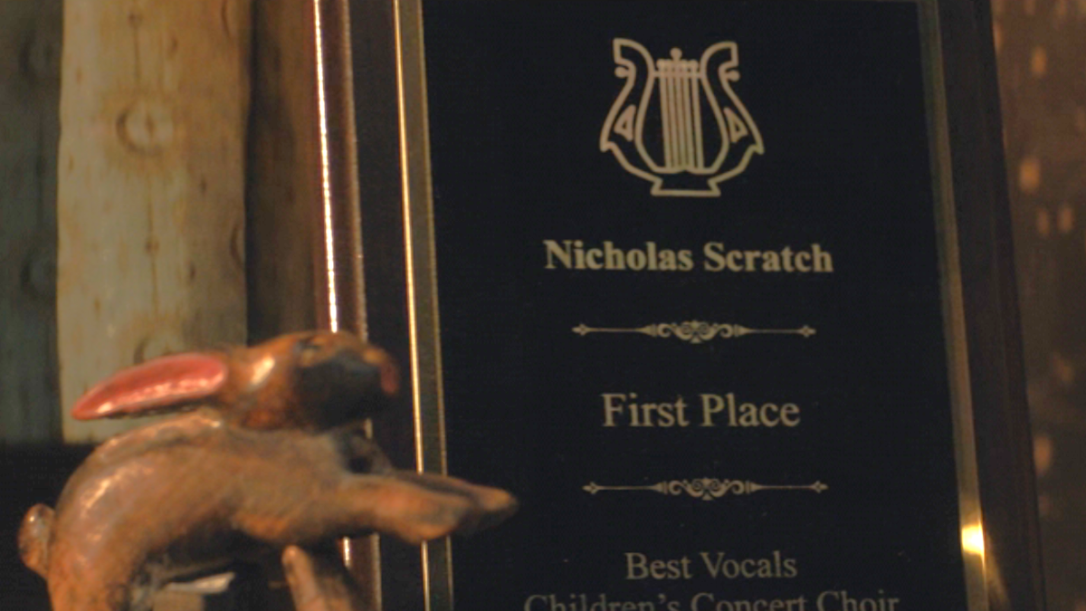 Framed award for First Place for Best Vocals in the Children's Concert Choir for Nicholas Scratch