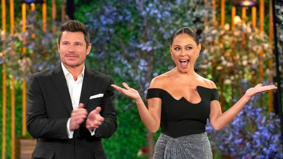 A screengrab of Nick and Vanessa Lachey hosting an episode of "Love is Blind" on Netflix