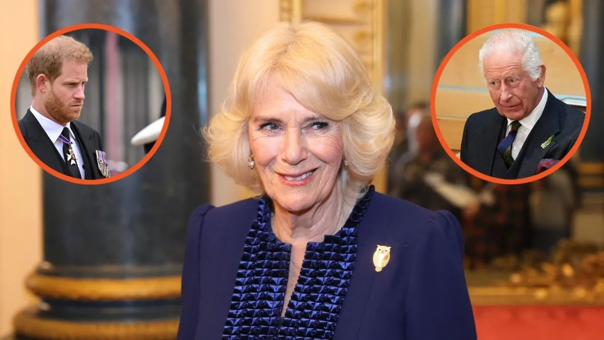 Queen Camilla smiles during a reception for the BBC's 500 Words Finalists at Buckingham Palace, Prince Harry, Duke of Sussex during the State Funeral of Queen Elizabeth II, and King Charles III after addressing the Holyrood Chamber during a visit to the Scottish Parliament in Edinburgh