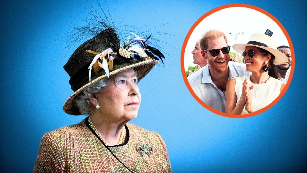 Queen Elizabeth II smiles as she opens the refurbished East Wing of Somerset House and Prince Harry, Duke of Sussex and Meghan, Duchess of Sussex at San Basilio de Palenque.