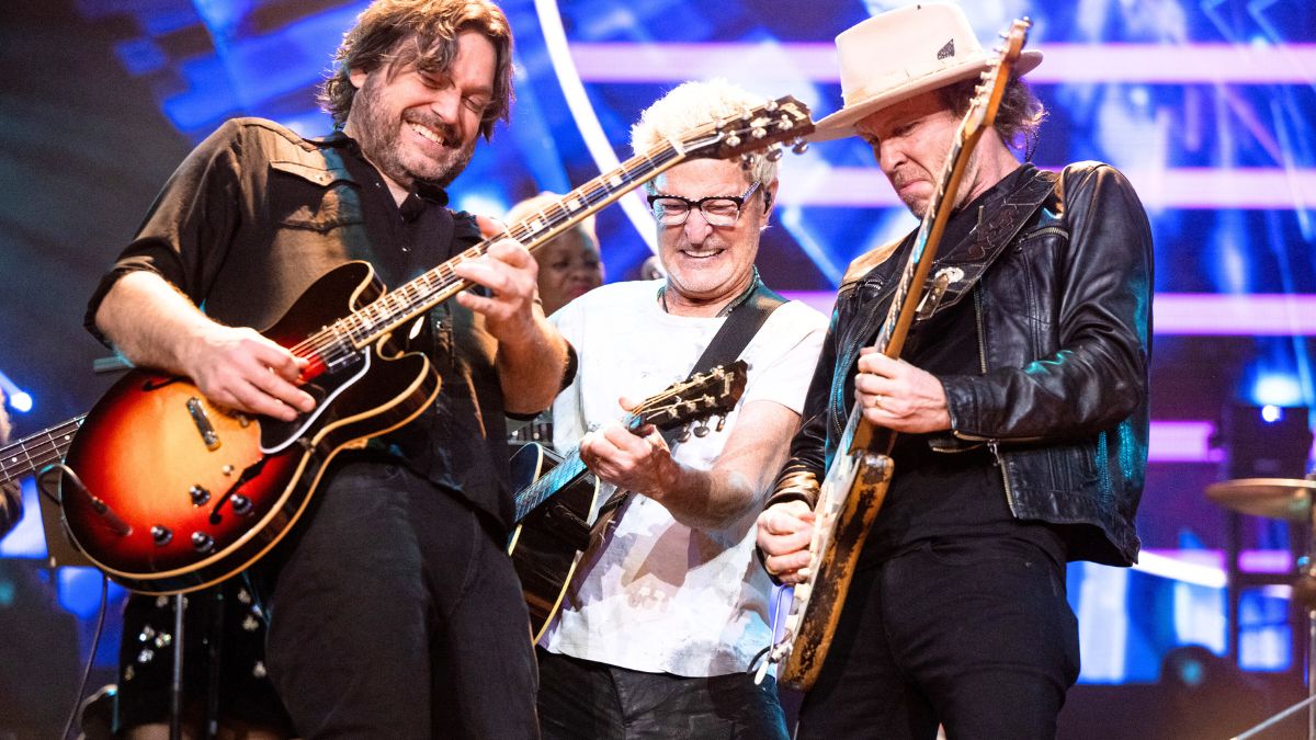 LOS ANGELES, CALIFORNIA - JANUARY 11: (L-R) Musicians Tom Bukovac, Kevin Cronin of REO Speedwagon and Kenny Wayne Shepherd perform onstage during the Jim Irsay Collection Exhibit and Concert at Shrine Auditorium and Expo Hall on January 11, 2024 in Los Angeles, California. (Photo by Scott Dudelson/Getty Images)