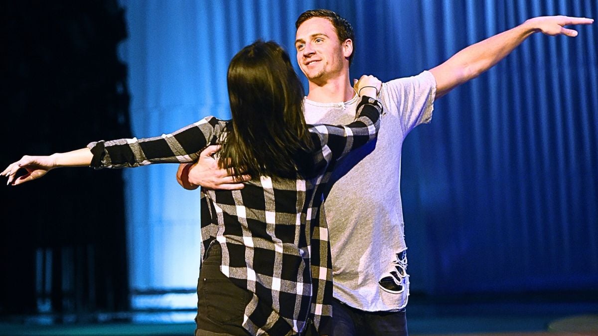 Dancer Cheryl Burke (L) and Olympian Ryan Lochte rehearse for their "Dancing with the Stars" performance with the cast of "O by Cirque du Soleil" at the Bellagio on September 30, 2016 in Las Vegas, Nevada.