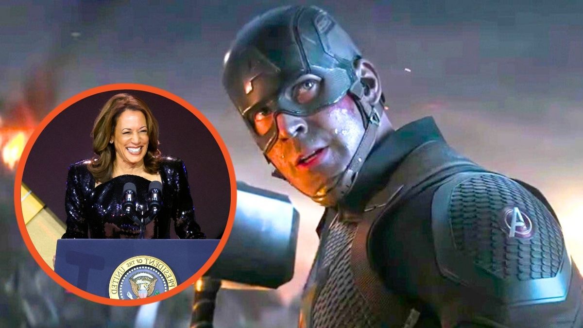 Still of Chris Evans as Captain America in Avengers Edgame and Kamala Harris delivering remarks at the Congressional Black Caucus Foundation 2024