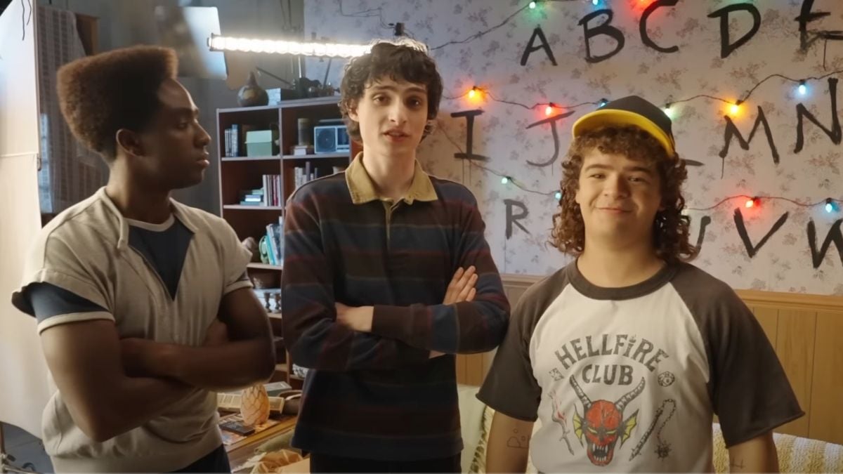 Caleb McLaughlin, Finn Wolfhard, and Gaten Matarazzo in a Stranger Things season 5 behind-the-scenes look