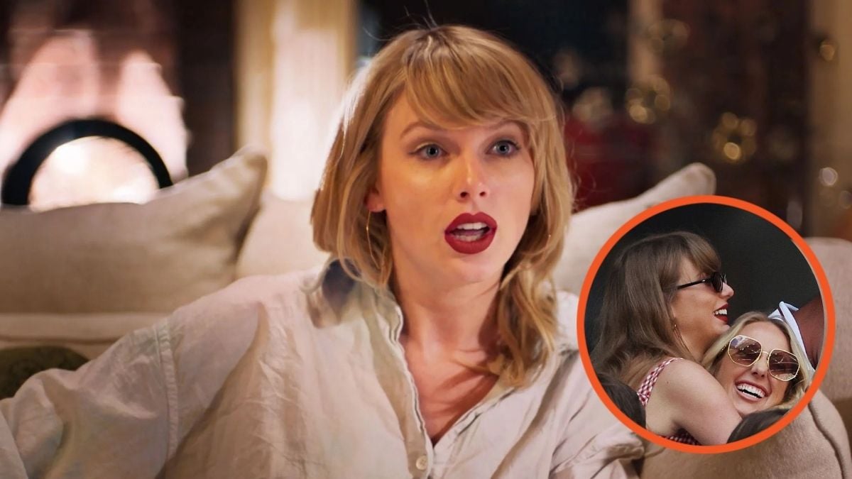 A picture of Taylor Swift in the 'Miss Americana' Netflix doc, with a smaller image of Taylor Swift hugging Brittany Mahomes