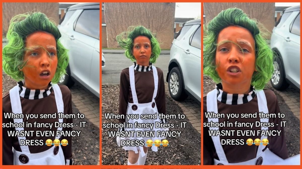 TikTok screenshots of an upset young girl dressed up as an Oompa-Loompa