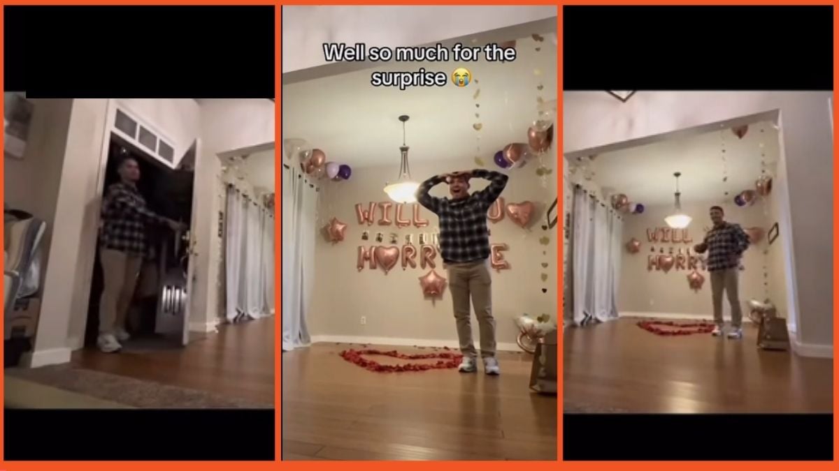 TikTok screenshots of a man standing in front of a balloon-message reading "Will you marry me?" with his hands held on his head.