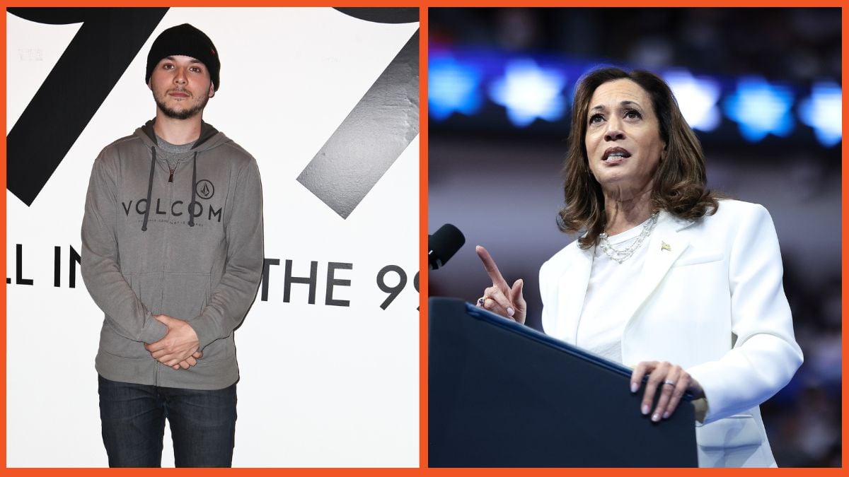 Om the left, Journalist Timothy Pool attends the "All In For The 99%" art, music and activist event on March 31, 2012 in Los Angeles, California. (Photo by Chelsea Lauren/WireImage). On the right, Democratic presidential nominee, U.S. Vice President Kamala Harris speaks at a campaign rally at the Enmarket Arena August 29, 2024 in Savannah, Georgia. Harris has campaigned in southeast Georgia for the past two days. (Photo by Win McNamee/Getty Images)