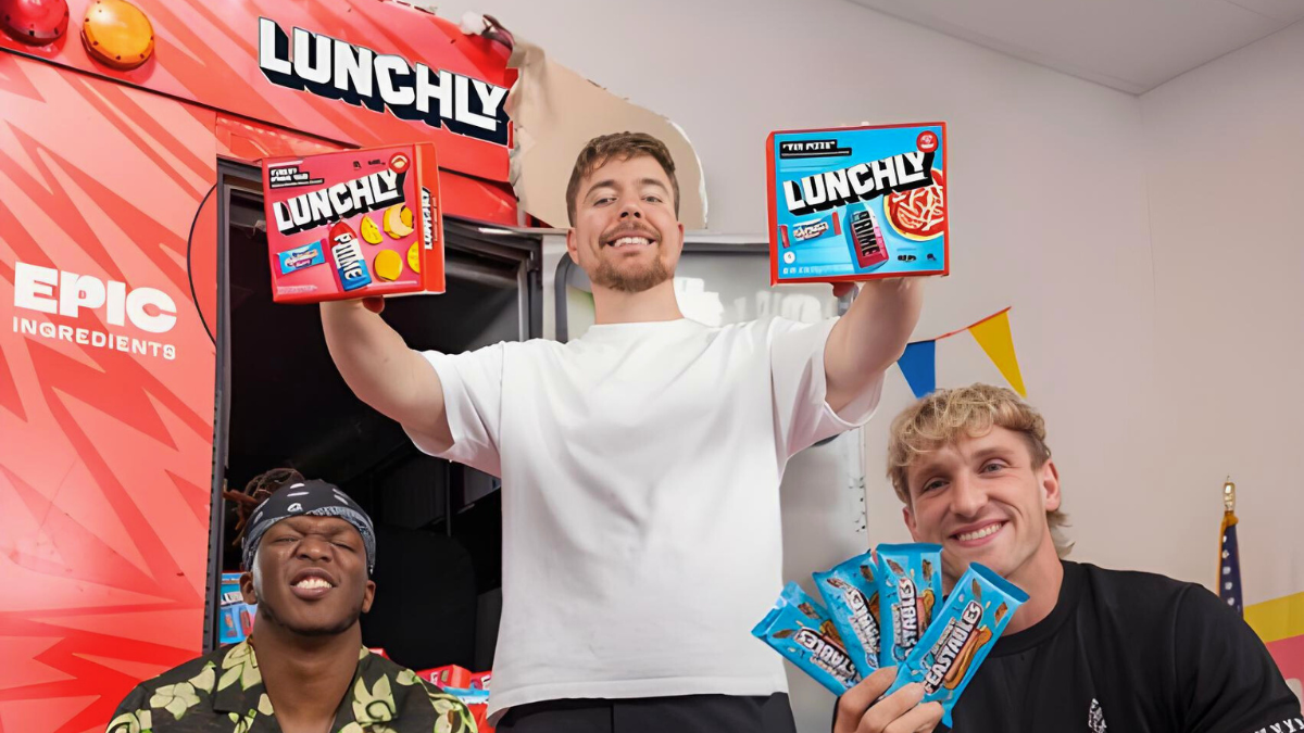 KSI, MrBeast, and Logan Paul in product launch photo for Lunchly