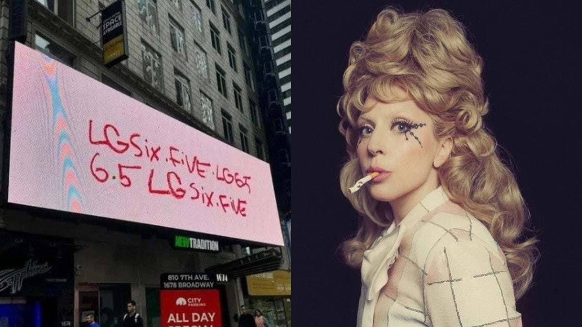 A split image of a billboard that reads "lgsix.five lg6.5," and Lady Gaga in a promotional image for the single "Die With a Smile."