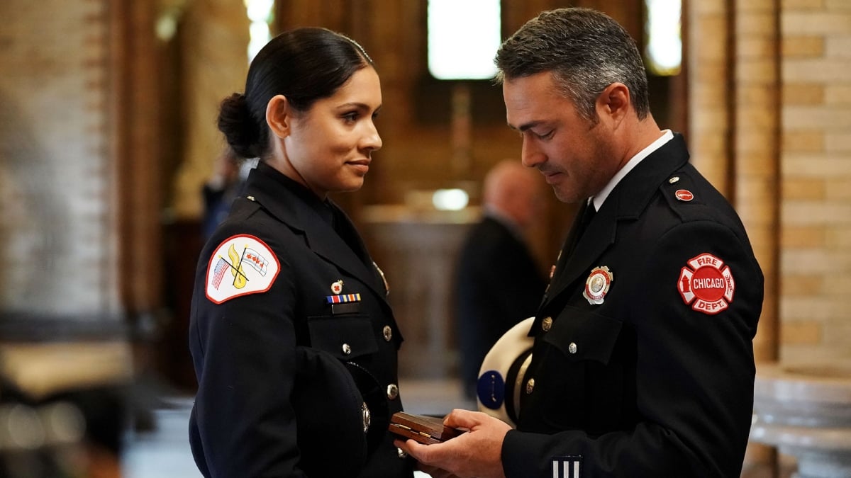 Miranda Rae Mayo as Stella Kidd and Taylor Kinney as Kelly Severide on Chicago Fire