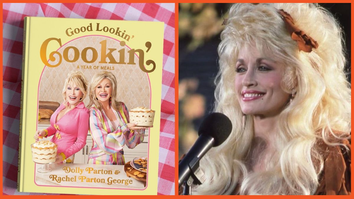 Split image of Dolly Parton's cookbook and Dolly Parton singing