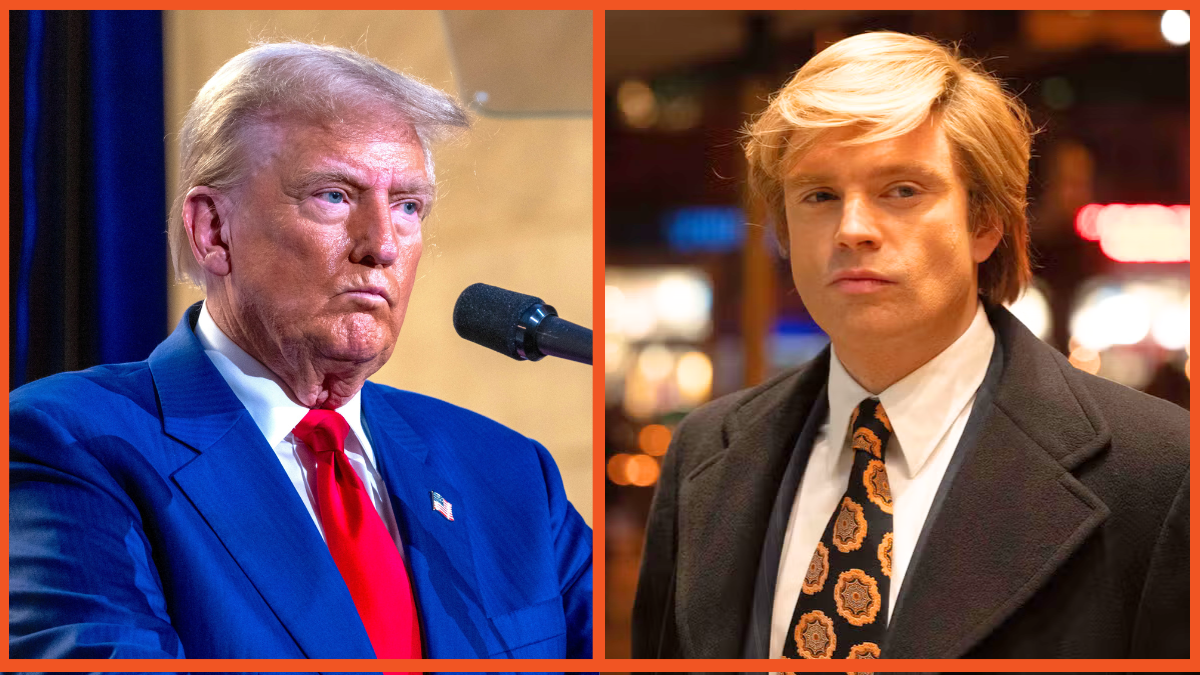 Donald Trump looking angry next to Sebastian Stan as Donald Trump in 'The Apprentice'