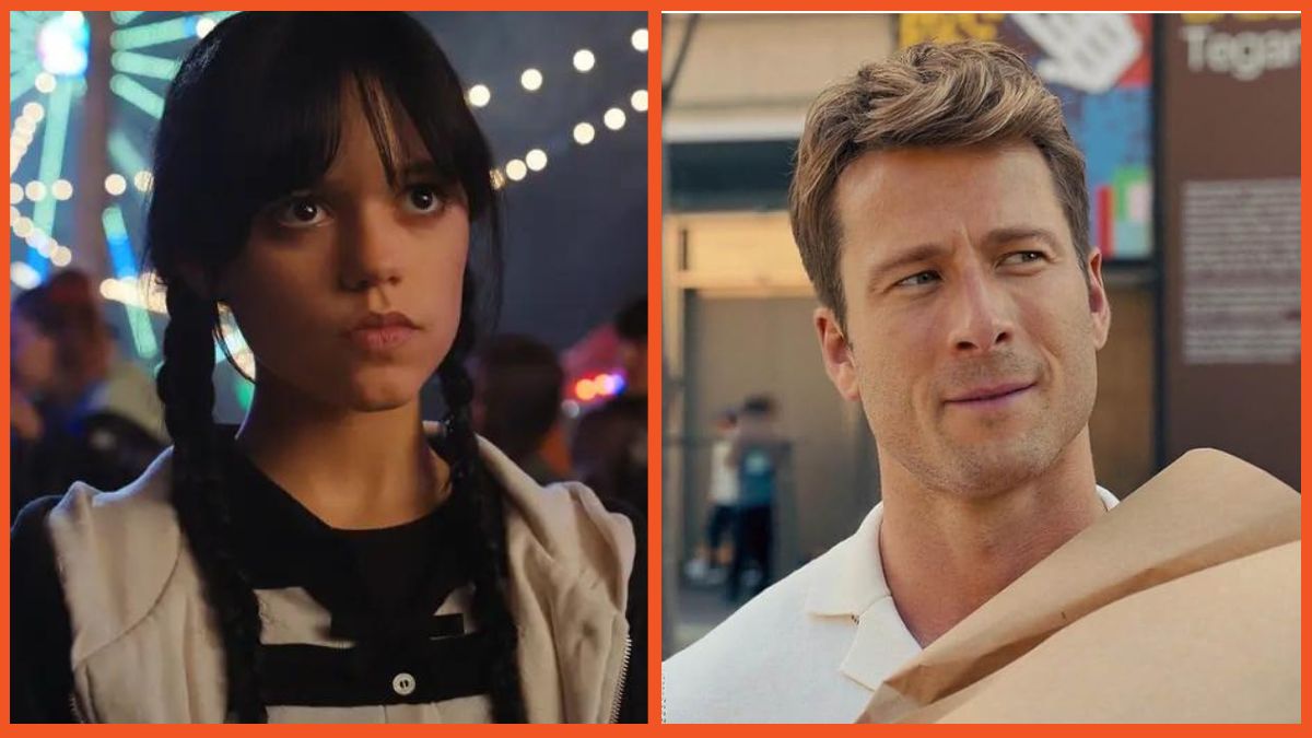 Split image of Jenna Ortega in Wednesday and Glenn Powell in Anyone But You