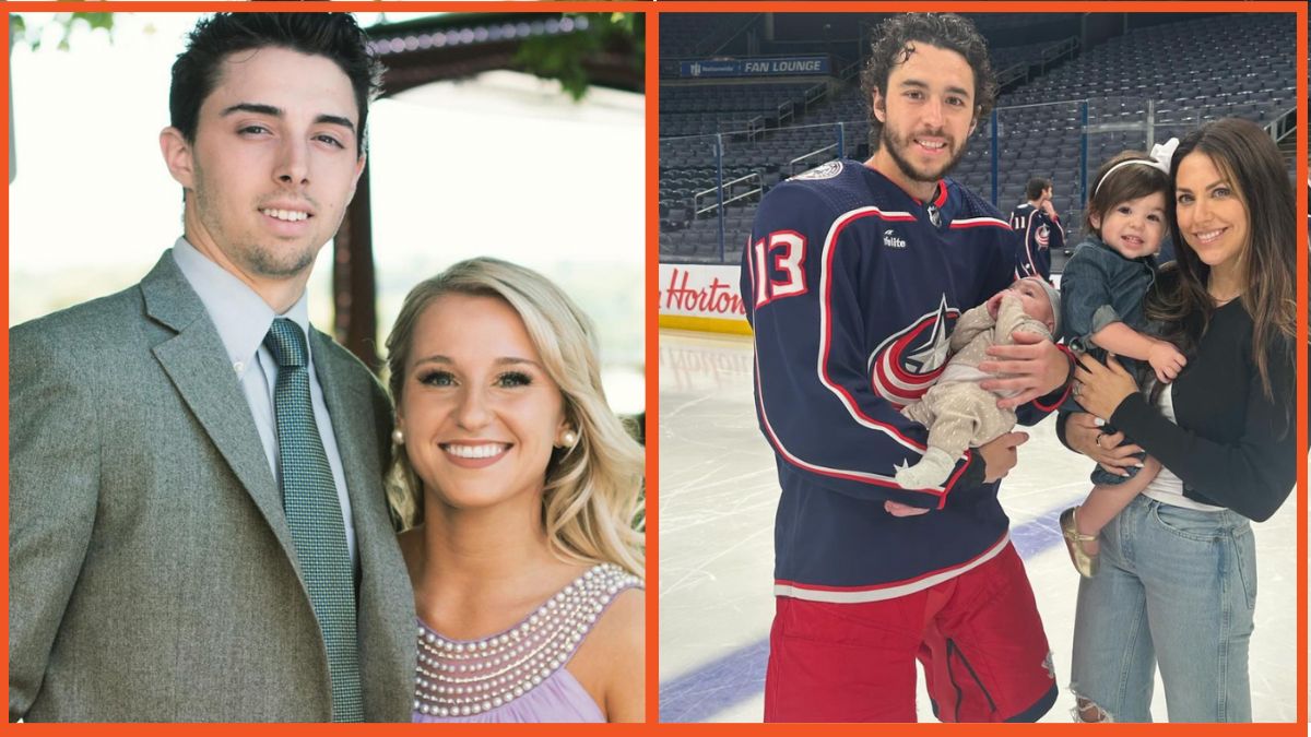 Split image of Matthew Gaudreau and Madeline Gaudreau and Johnny Gaudreau with Meredith Gaudreau and their kids