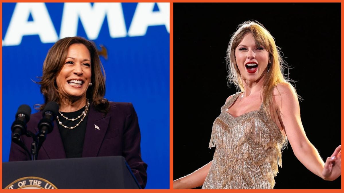 Kamala Harris smiling and Taylor Swift during her Eras tour