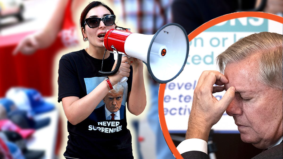 Laura Loomer looming with a megaphone over a stressed-out Lindsey Graham