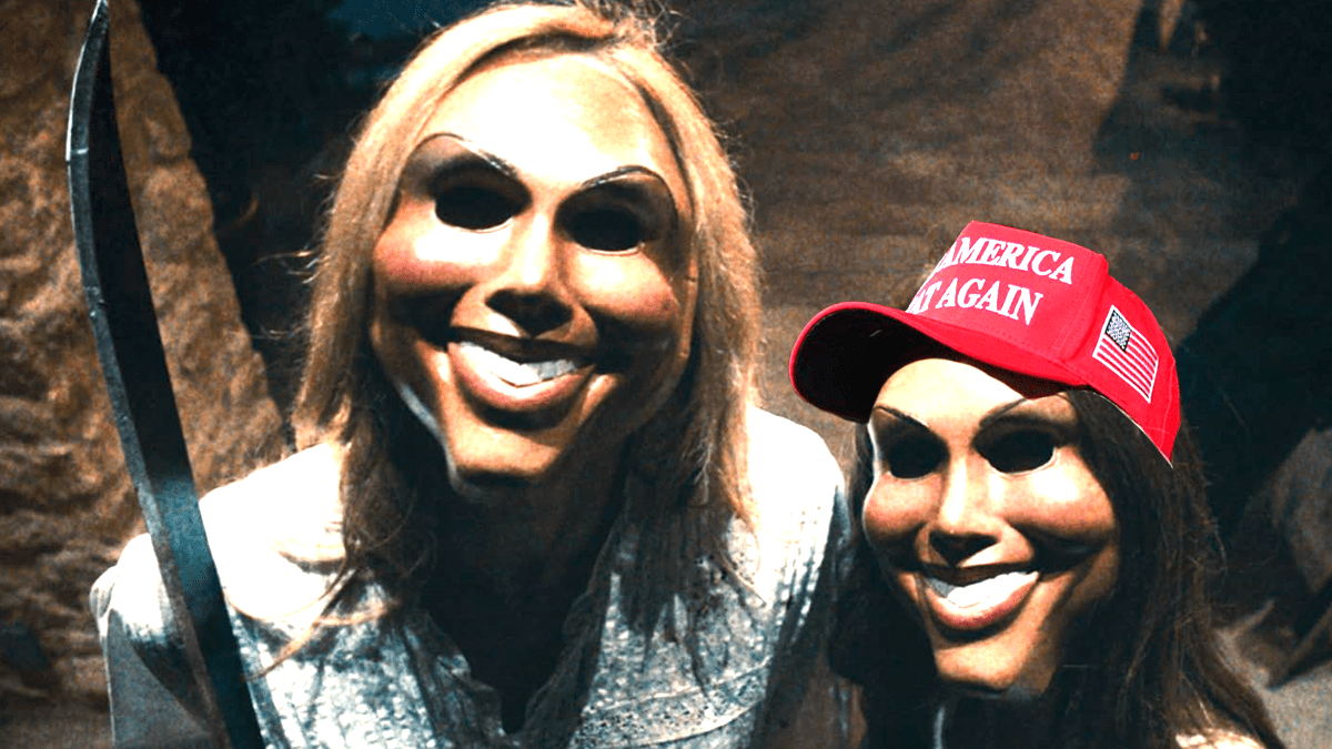 The Purge characters, one of whom is wearing a MAGA hat