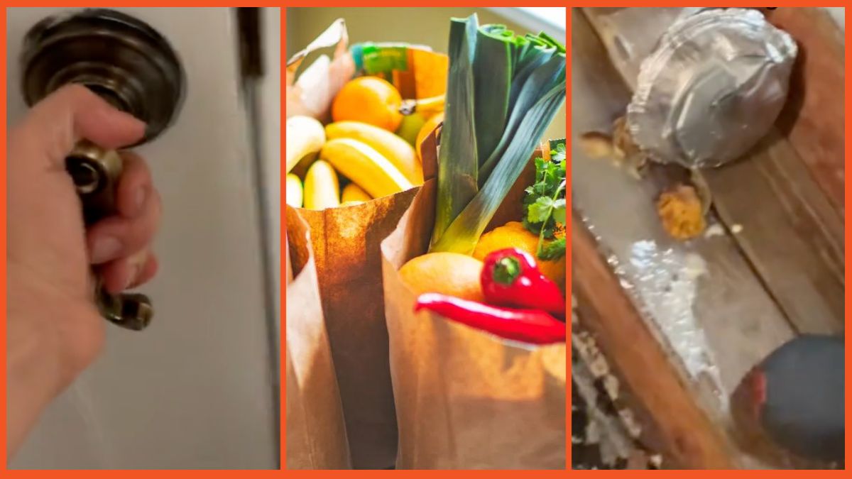 A split image of a front door, a bag of groceries, and groceries spilled on the floor