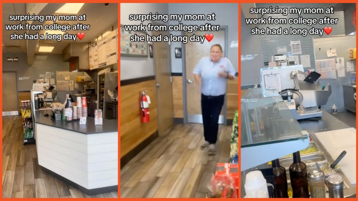 Screenshots from TikTok of a son surprising his mom at work