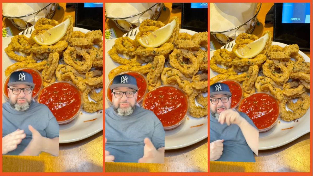 Screenshots of a man wearing a baseball cap and talking in front of fried calamari