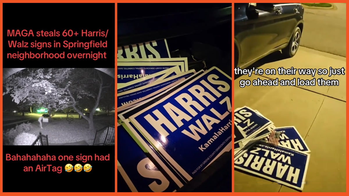 Left - man steals sign from front yard Middle- a trunk filled with Harris/Walz signs Right- HArris/Walz signs on the floor