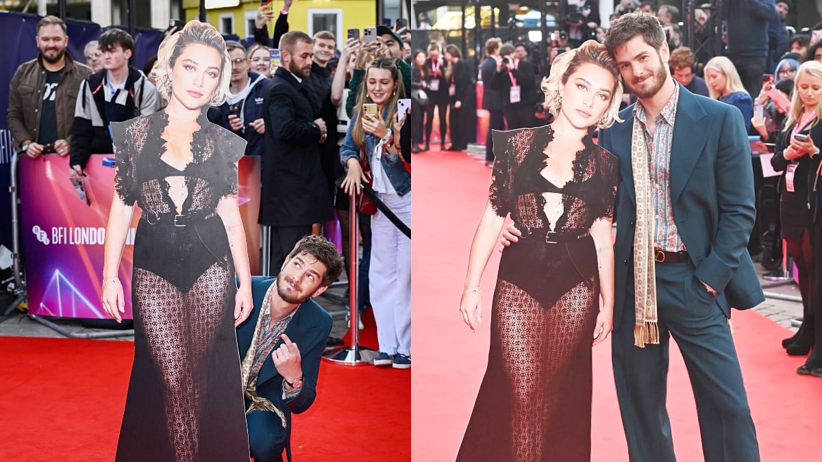 Andrew Garfield with Florence Pugh cardboard cut-out at We Live in Time premiere in London