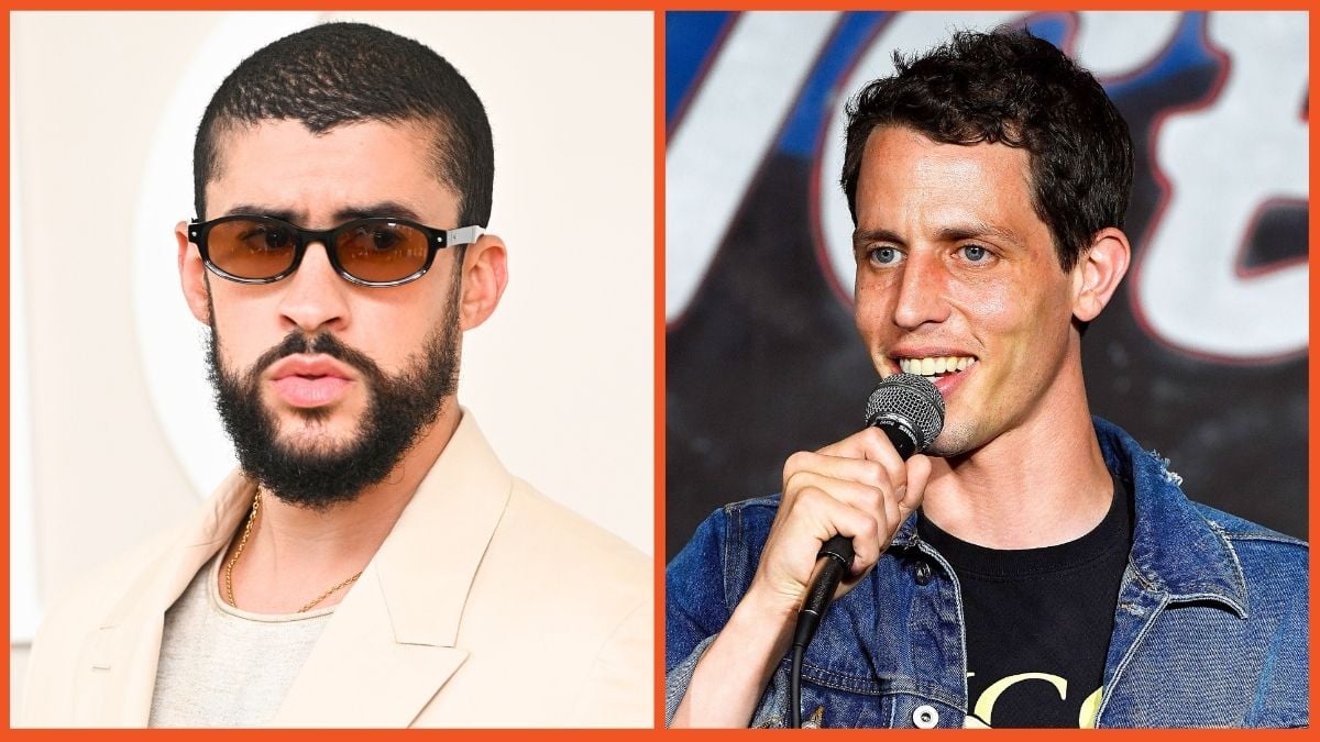 Bad Bunny attends the Dior Homme Menswear Spring:Summer 2025 show and Tony Hinchcliffe performs during his appearance at The Ice House Comedy Club