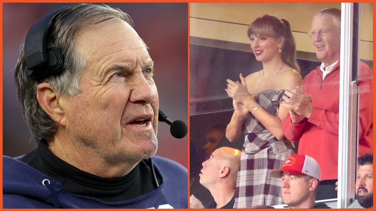 New England Patriots head coach Bill Belichick looks on from the sideline during the game against the Kansas City Chiefs / Taylor Swift is seen in attendance during a game between the Kansas City Chiefs