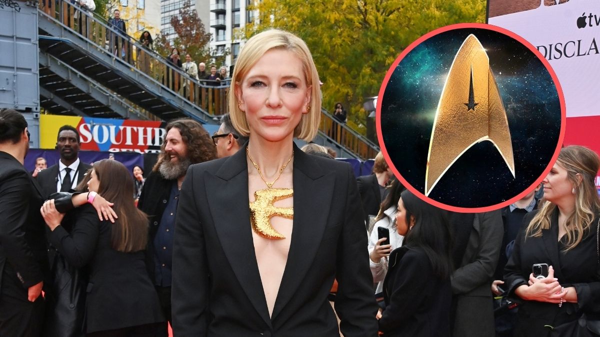 Cate Blanchett attends the London Film Festival premiere of "Disclaimer" at The Royal Festival Hall on October 10, 2024 in London, England. Inset: Star Trek Starfleet insignia.