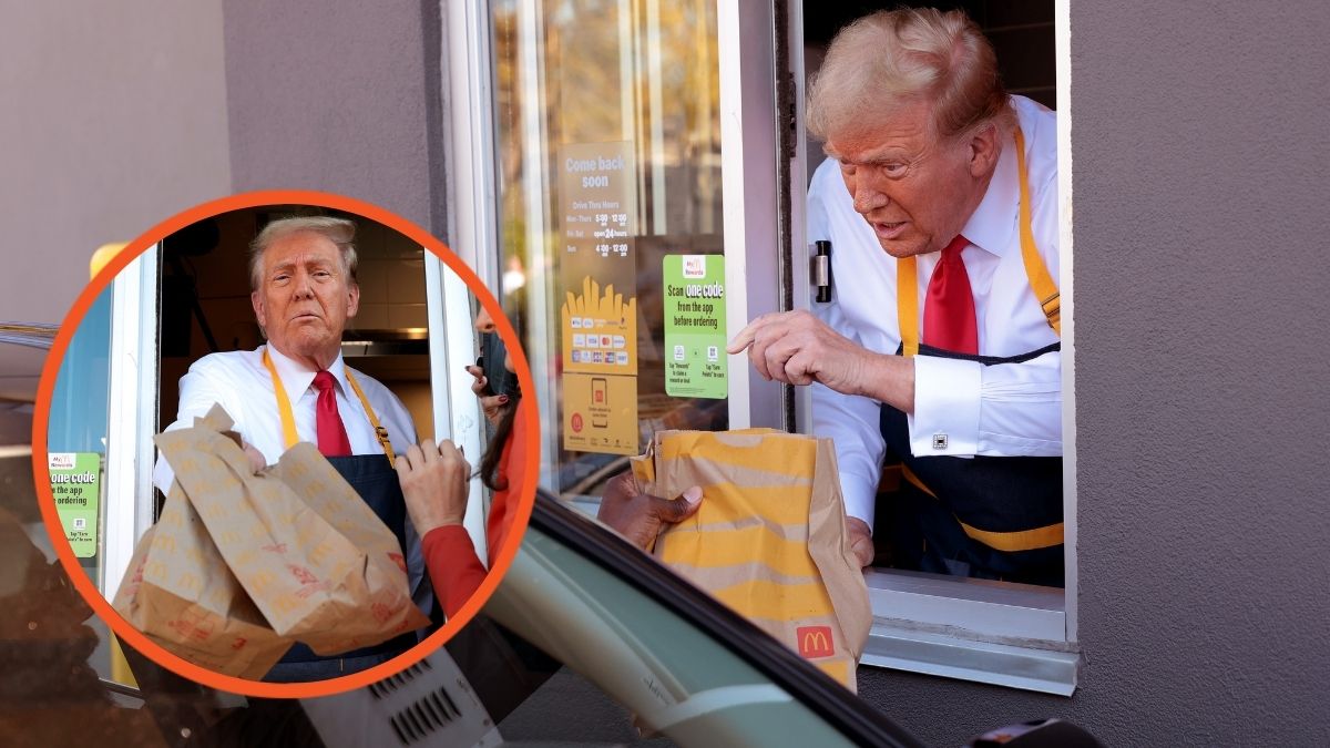 Donald Trump works the drive-through line as he visits a McDonald's restaurant