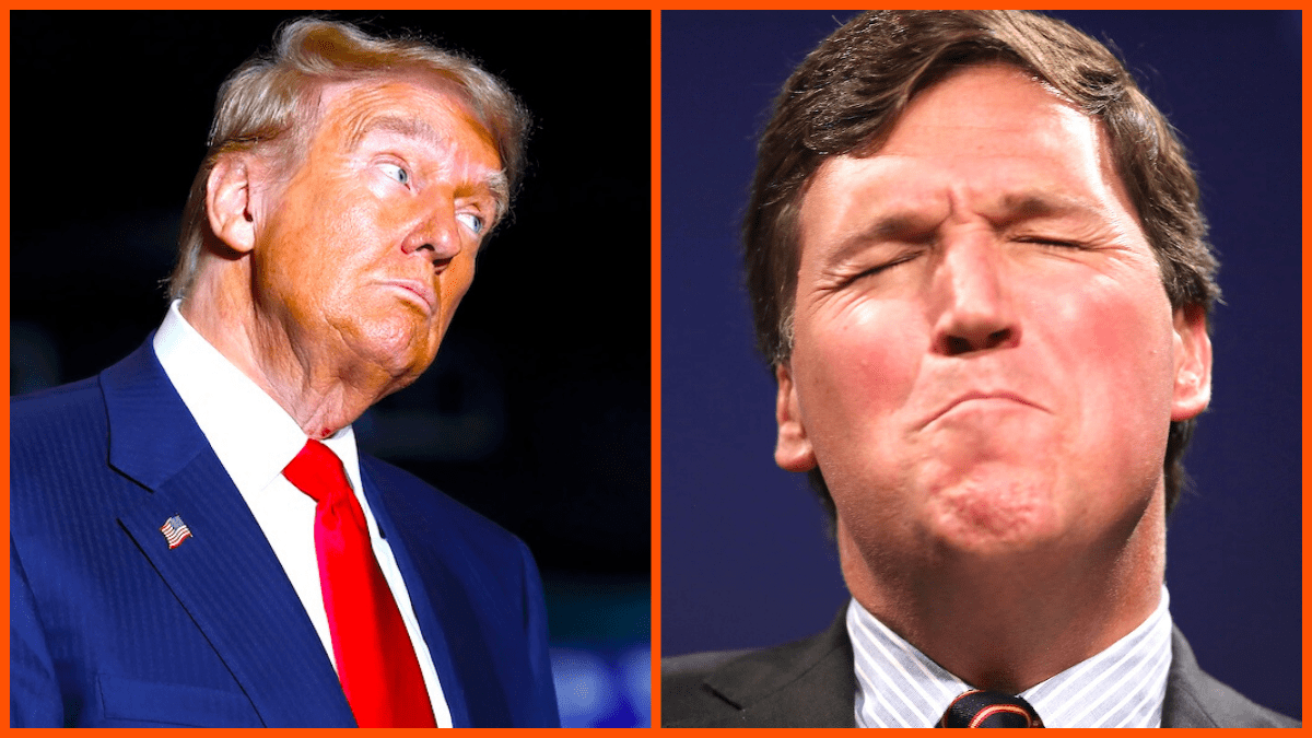 Donald Trump looking like an orange maniac next to Tucker Carlson making an embarrassing face