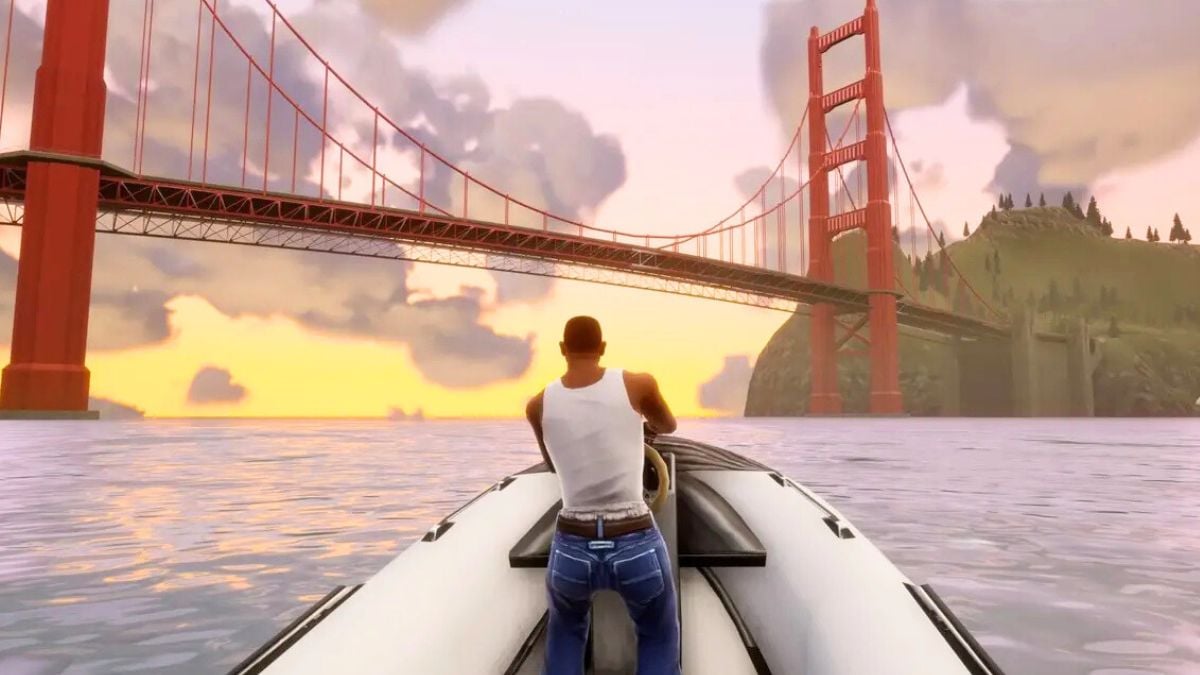 Gta San Andreas CJ on a boat across red bridge