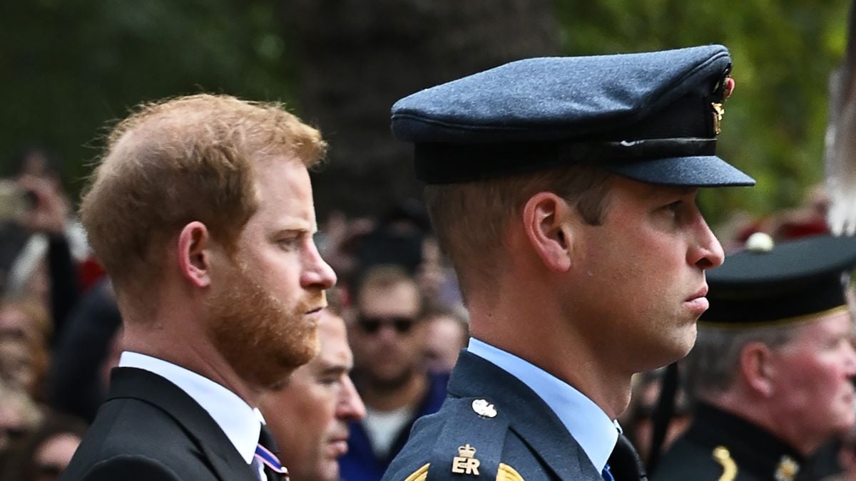 Prince William, Prince of Wales (L) and Britain's Prince Harry, Duke of Sussex follow the coffin of Queen Elizabeth II, draped in the Royal Standard, as it travels on the State Gun Carriage of the Royal Navy, from Westminster Abbey to Wellington Arch September 19, 2022 in London, England. Elizabeth Alexandra Mary Windsor was born in Bruton Street, Mayfair, London on 21 April 1926. She married Prince Philip in 1947 and ascended the throne of the United Kingdom and Commonwealth on 6 February 1952 after the death of her Father, King George VI. Queen Elizabeth II died at Balmoral Castle in Scotland on September 8, 2022, and is succeeded by her eldest son, King Charles III. (Photo by Paul Ellis - WPA Pool/Getty Images)