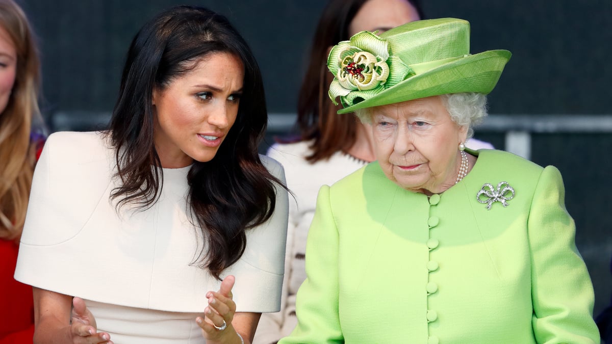 WIDNES, UNITED KINGDOM - JUNE 14: (EMBARGOED FOR PUBLICATION IN UK NEWSPAPERS UNTIL 24 HOURS AFTER CREATE DATE AND TIME) Meghan, Duchess of Sussex and Queen Elizabeth II attend a ceremony to open the new Mersey Gateway Bridge on June 14, 2018 in Widnes, England. Meghan Markle married Prince Harry last month to become The Duchess of Sussex and this is her first engagement with the Queen. During the visit the pair will open a road bridge in Widnes and visit The Storyhouse and Town Hall in Chester.