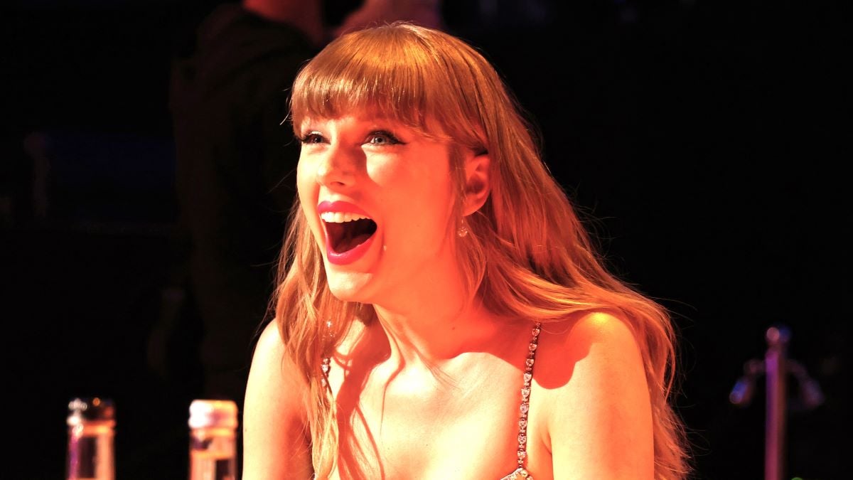 Taylor Swift, winner of the Global icon Award, laughs during The BRIT Awards 2021 at The O2 Arena on May 11, 2021 in London, England. (Photo by JMEnternational/JMEnternational for BRIT Awards/Getty Images)