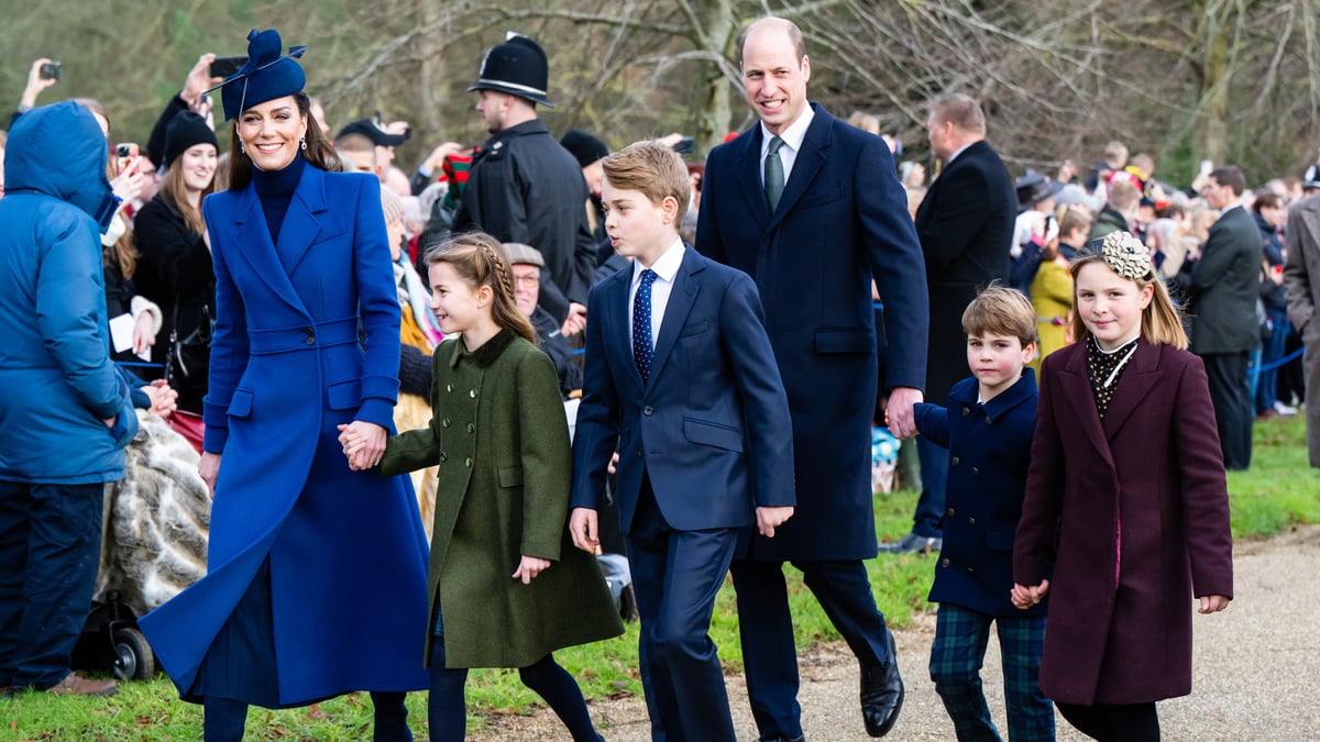 SANDRINGHAM, NORFOLK - DECEMBER 25: Catherine, Princess of Wales, Princess Charlotte of Wales, Prince George of Wales, Prince William, Prince of Wales, Prince Louis of Wales and Mia Tindall attend Christmas Morning Service at Sandringham Church on December 25, 2023 in Sandringham, Norfolk.