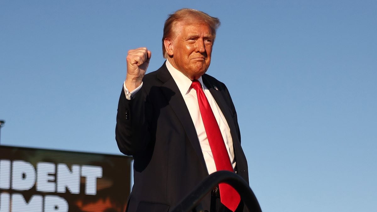 Republican presidential nominee, former U.S. President Donald Trump gestures while walking onstage for a campaign rally on October 12, 2024 in Coachella, California. With 24 days to go until election day, former President Donald Trump is detouring from swing states to hold the rally in Democratic presidential nominee, Vice President Kamala Harris' home state. (Photo by Mario Tama/Getty Images)