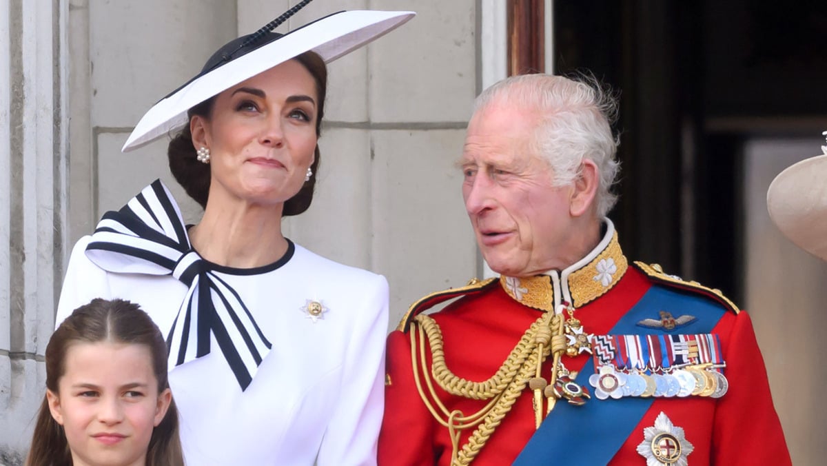 LONDON, ENGLAND - JUNE 15: Catherine, Princess of Wales, Princess Charlotte of Wales and King Charles III during Trooping the Colour on June 15, 2024 in London, England. Trooping the Colour is a ceremonial parade celebrating the official birthday of the British Monarch. The event features over 1,400 soldiers and officers, accompanied by 200 horses. More than 400 musicians from ten different bands and Corps of Drums march and perform in perfect harmony.